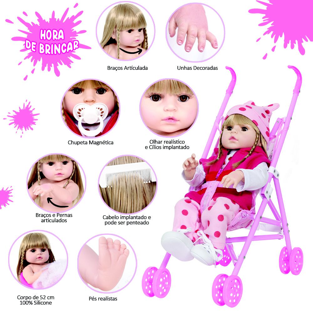 Boneca bebe reborn morena com cilios roupa rosa 16 itens