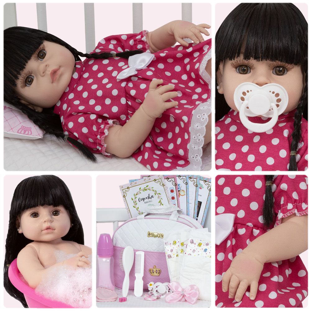 Boneca Bebe Reborn Fofinha Morena Com Bolsa Kit Acessórios