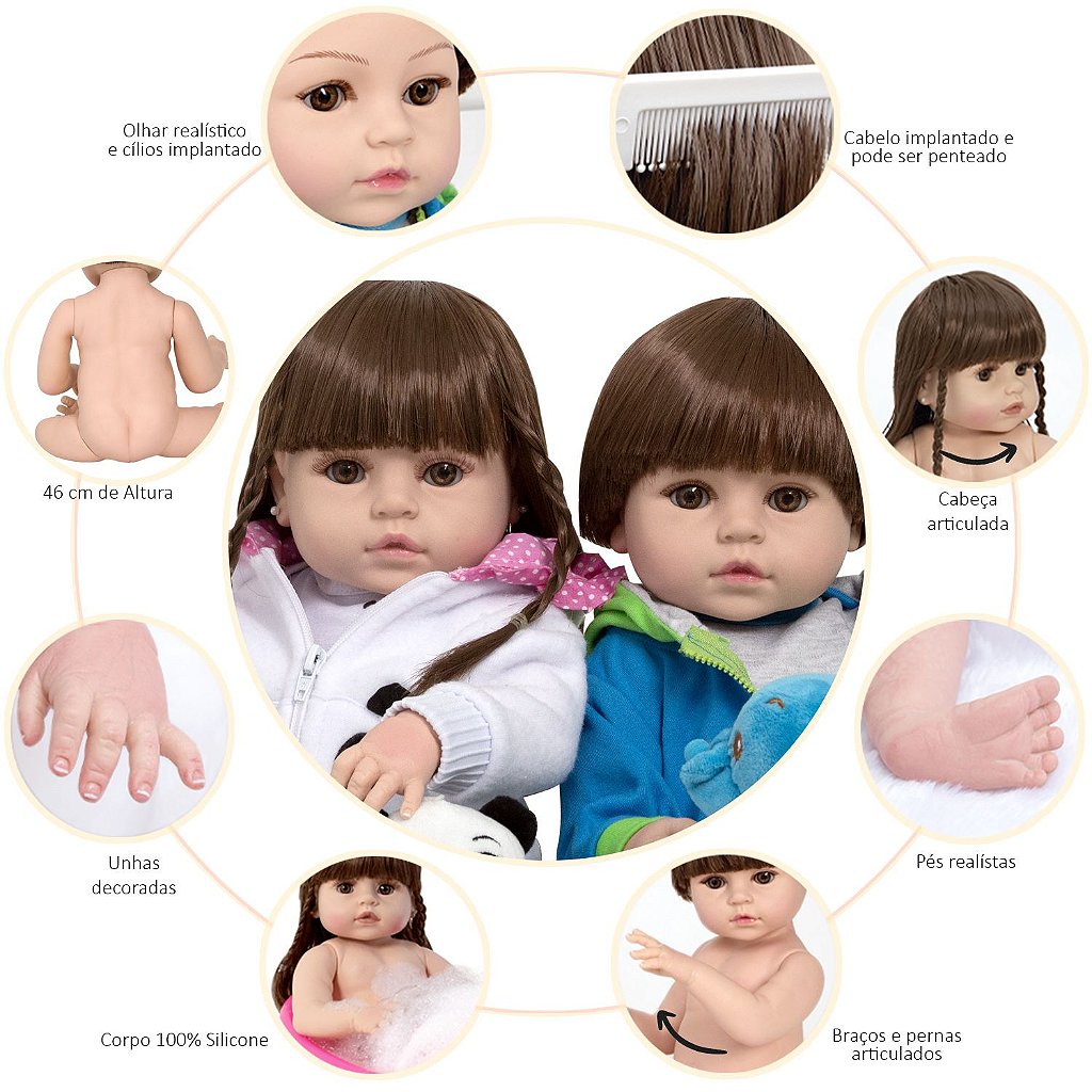 Kit Bebê Reborn Gêmeos Casal 52cm 100% Silicone Acessórios