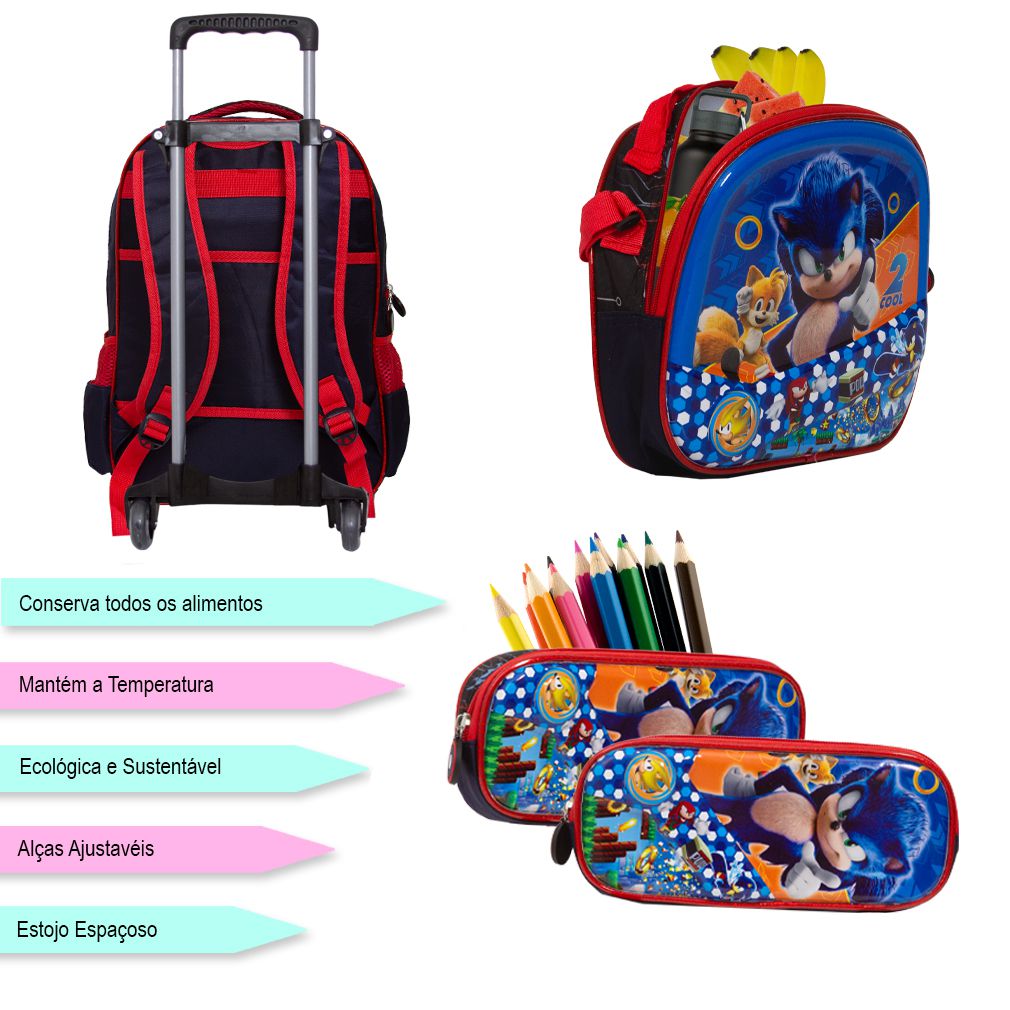 Mochila Infantil Sonic Runner Filme Costas Lancheira+Estojo - USA Magazine