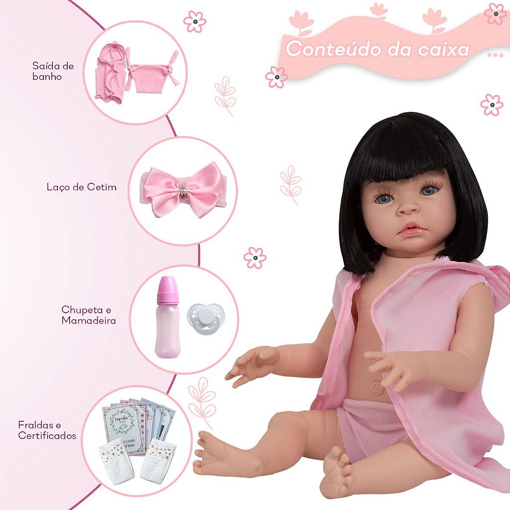 Boneca Bebe Reborn Silicone Realista Morena Roupão 20 Itens - Chic Outlet -  Economize com estilo!