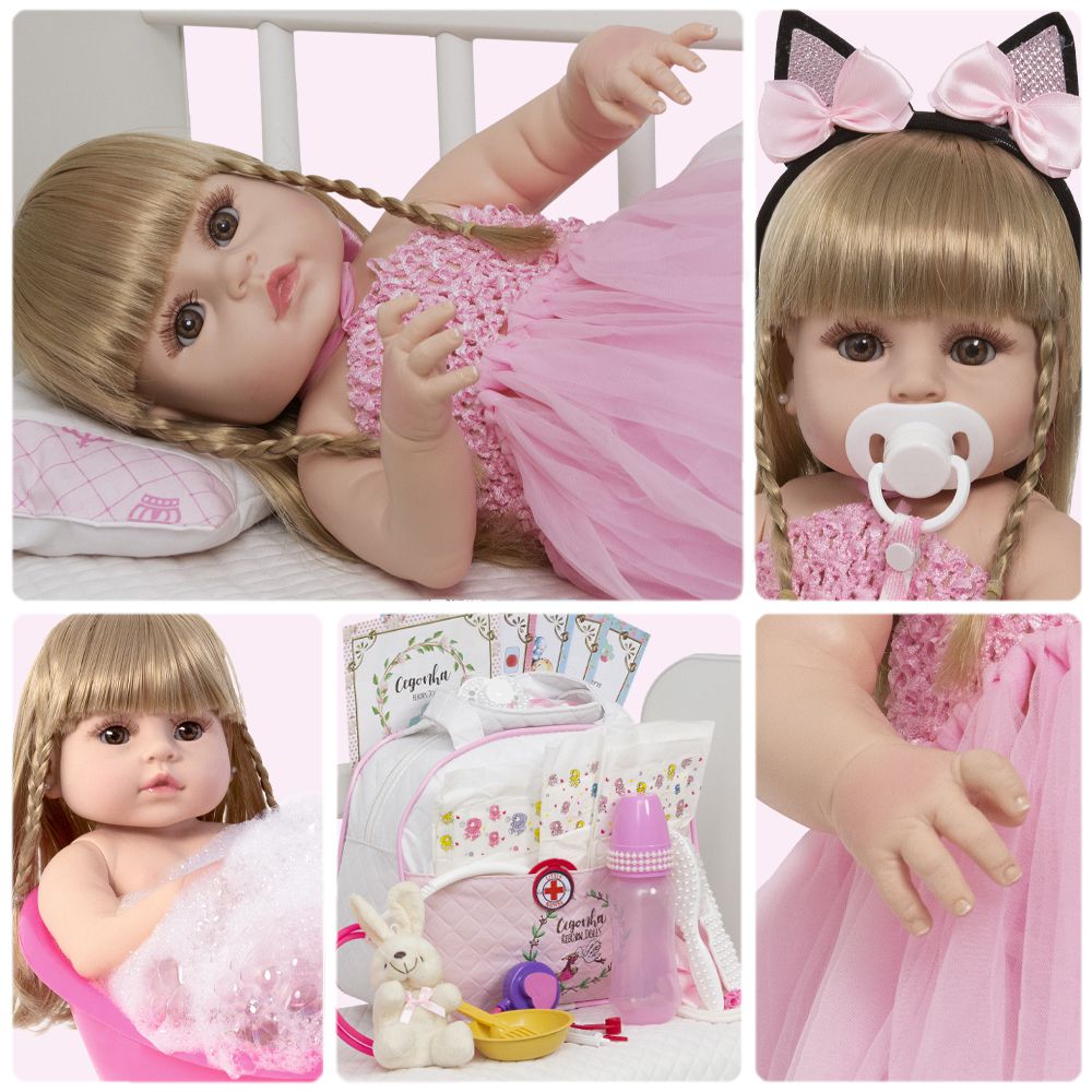 Boneca Bebê Reborn Menina Loira Toda Silicone Original 55 Cm