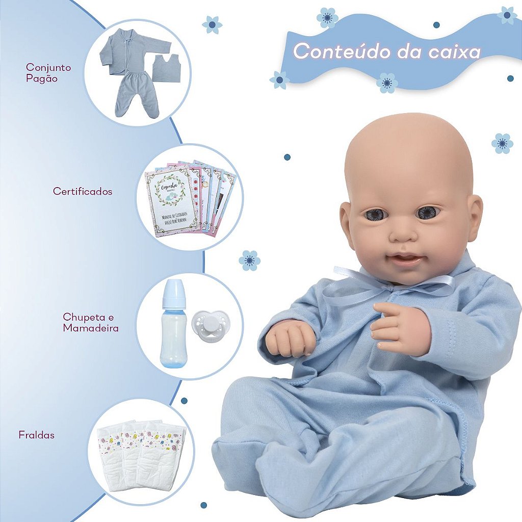 Boneco Bebe Reborn Realista Menino Careca Com Kit 10 Itens - USA Magazine