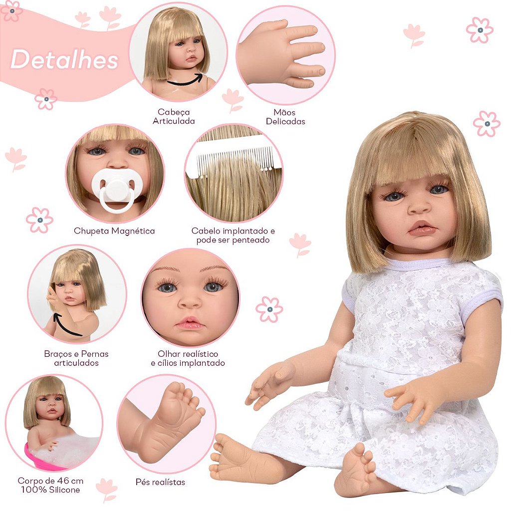 Boneca Bebe Reborn Fofinha Princesa 46cm Com Kit Acessórios