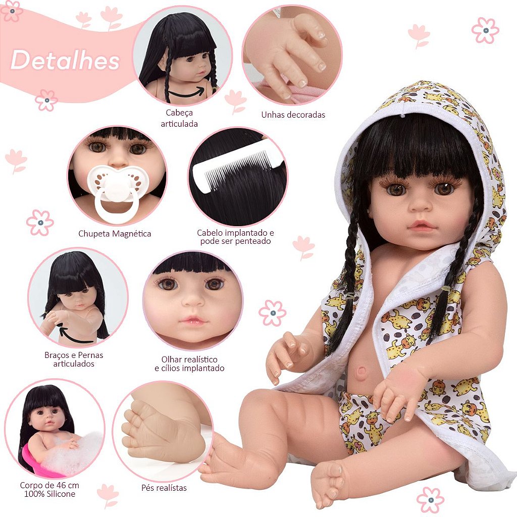 Boneca Bebe Reborn Silicone Realista Morena Roupão 20 Itens - USA Magazine