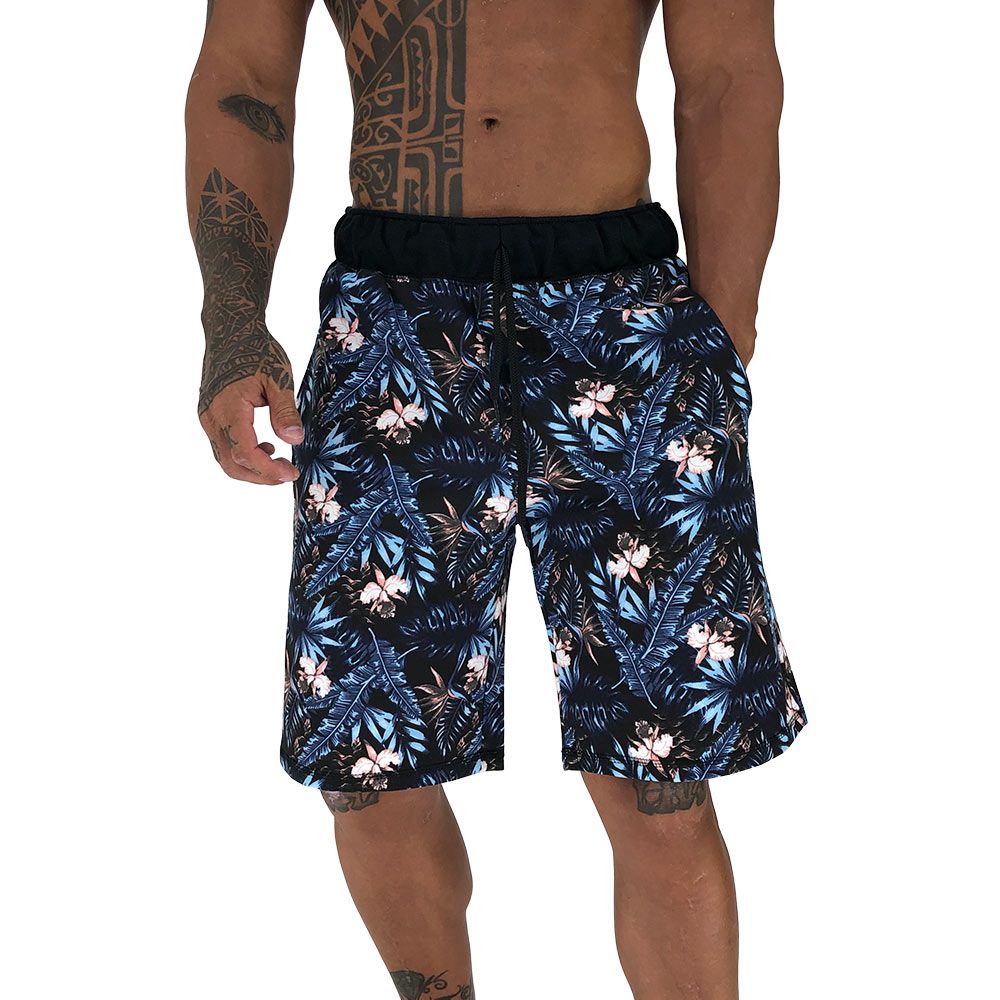 Bermuda Masculina Moletom MXD Conceito Azul Folhas e Flores