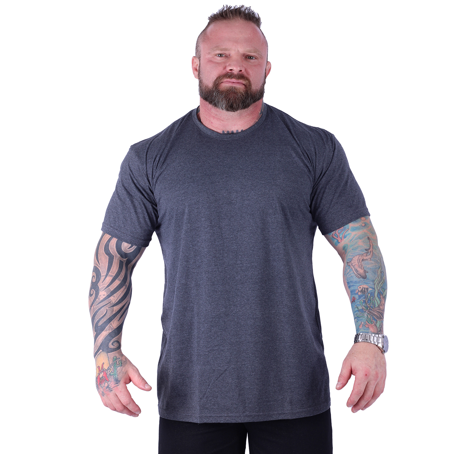 Camiseta Plus Size Tradicional Manga Curta MXD Conceito 50% Algodão 50% Poliéster Mescla Preto