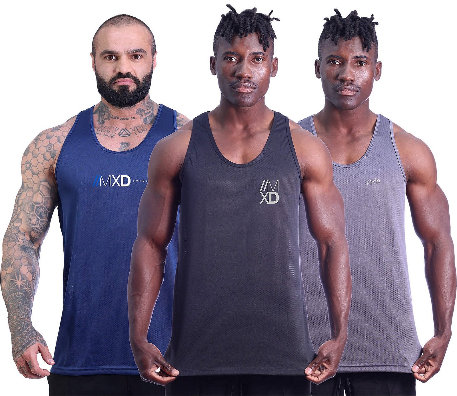 Kit 3 Regata Cavada MXD Conceito Dry Fit 100% Poliéster Estampado Grife Furadinho Marinho Preto e Cinza