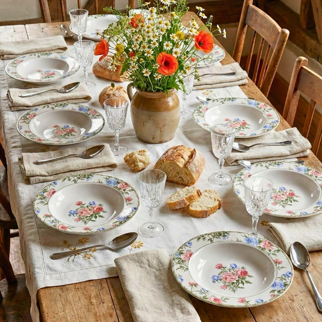 Mesa posta com louça de cerâmica clássica