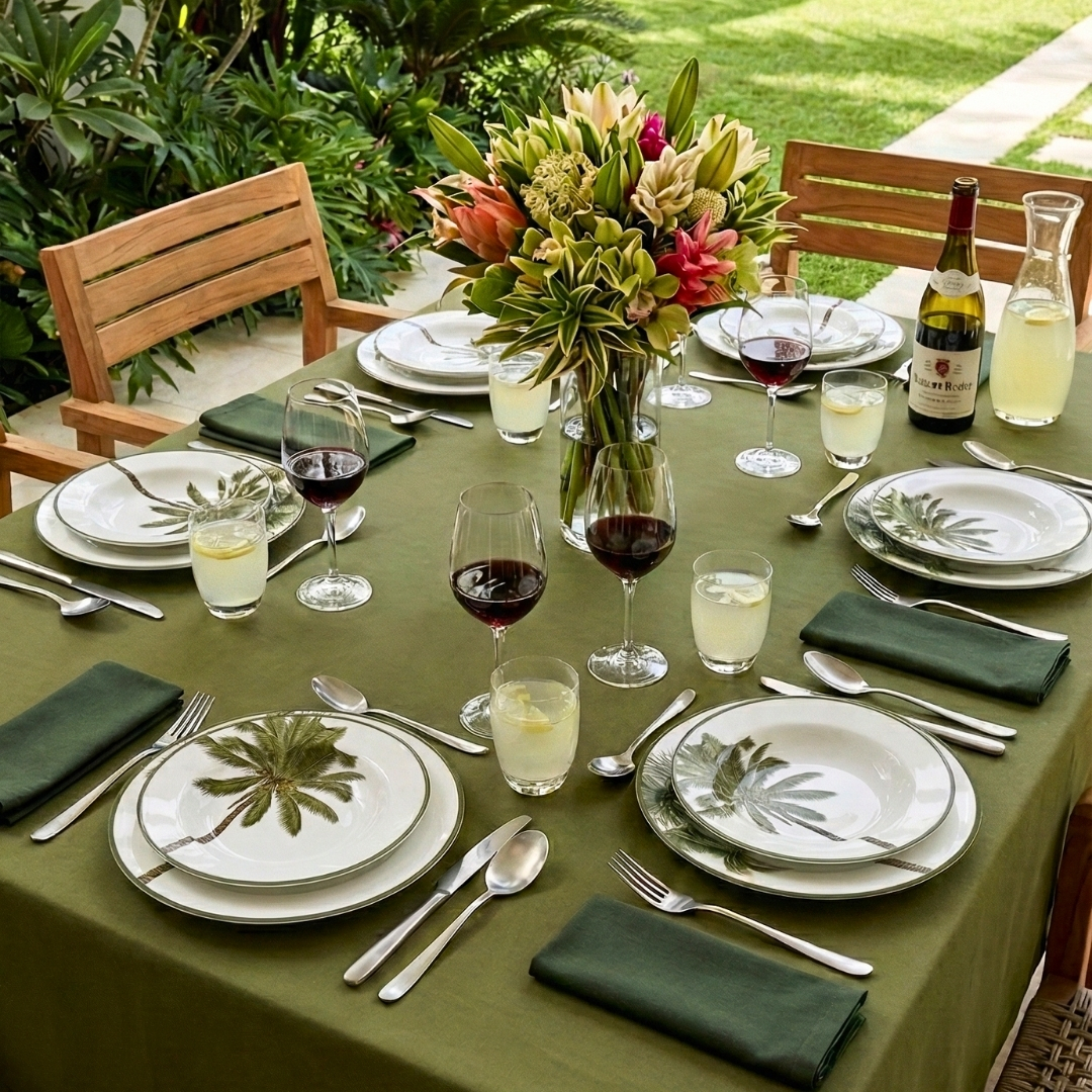 Mesa posta com aparelho de jantar cerâmica