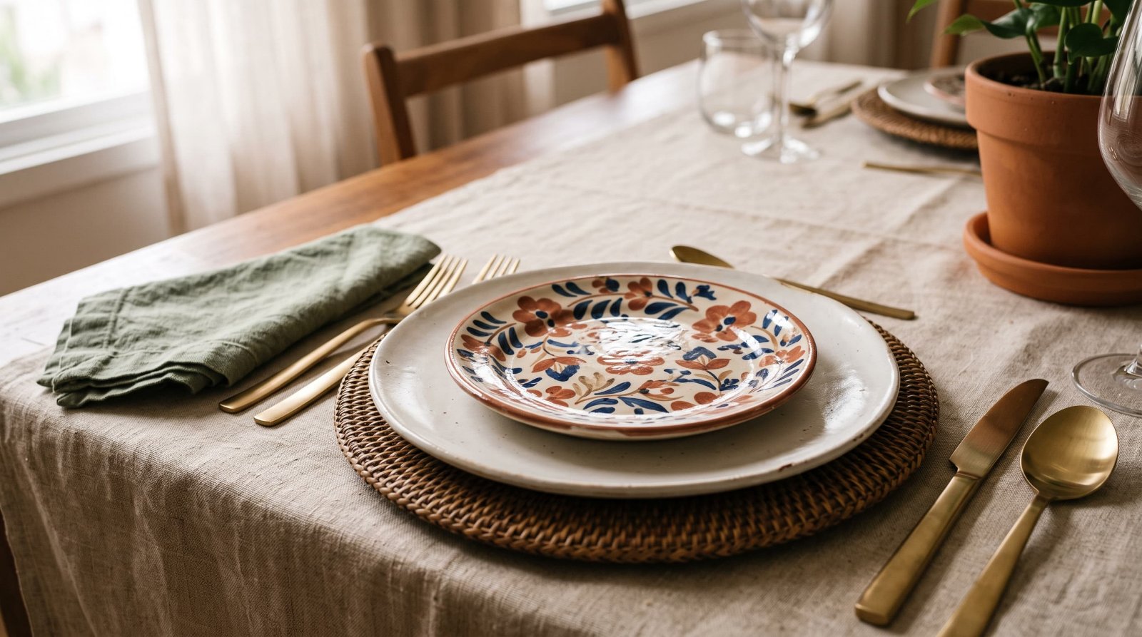 Prato de sobremesa estampado em terracota e azul sobre prato raso off-white e sousplat de fibra natural