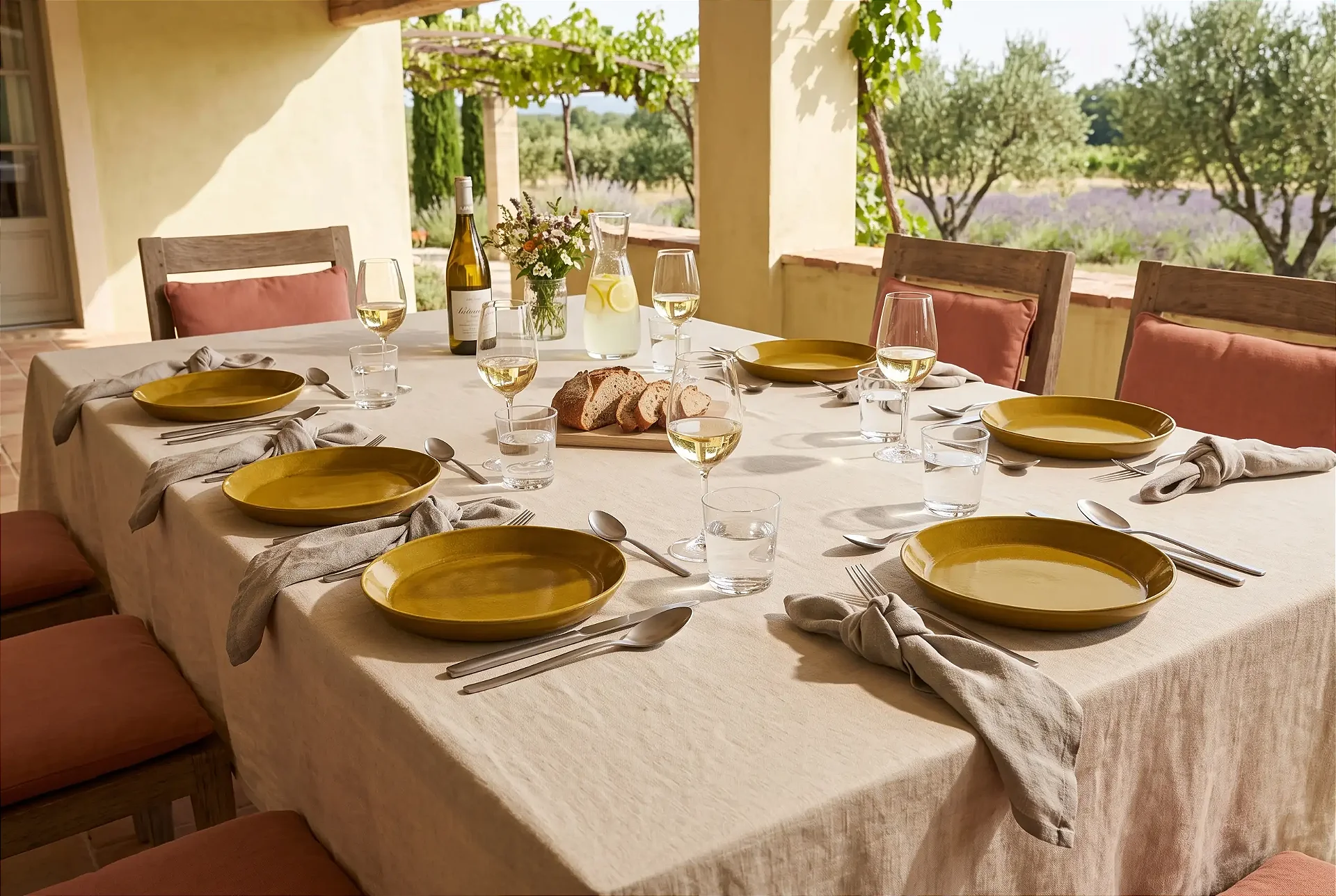 Mesa posta rústica ao ar livre com pratos fundos amarelo-mostarda, pão fatiado e taças de vinho branco, cercada por oliveiras
