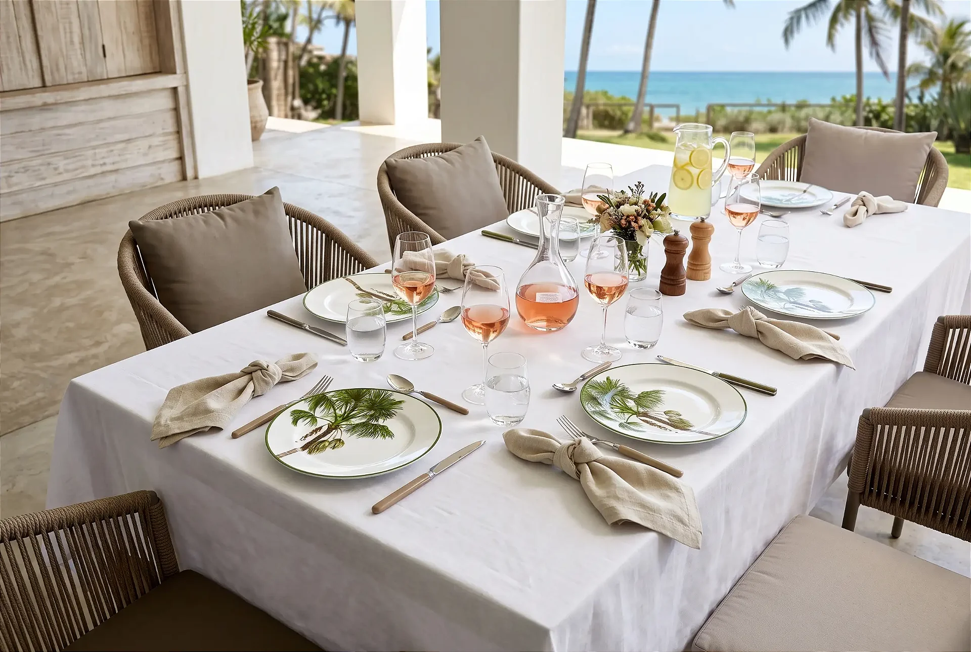 Mesa posta em terraço à beira-mar com pratos de borda verde, taças de vinho rosé e moedor de pimenta em madeira
