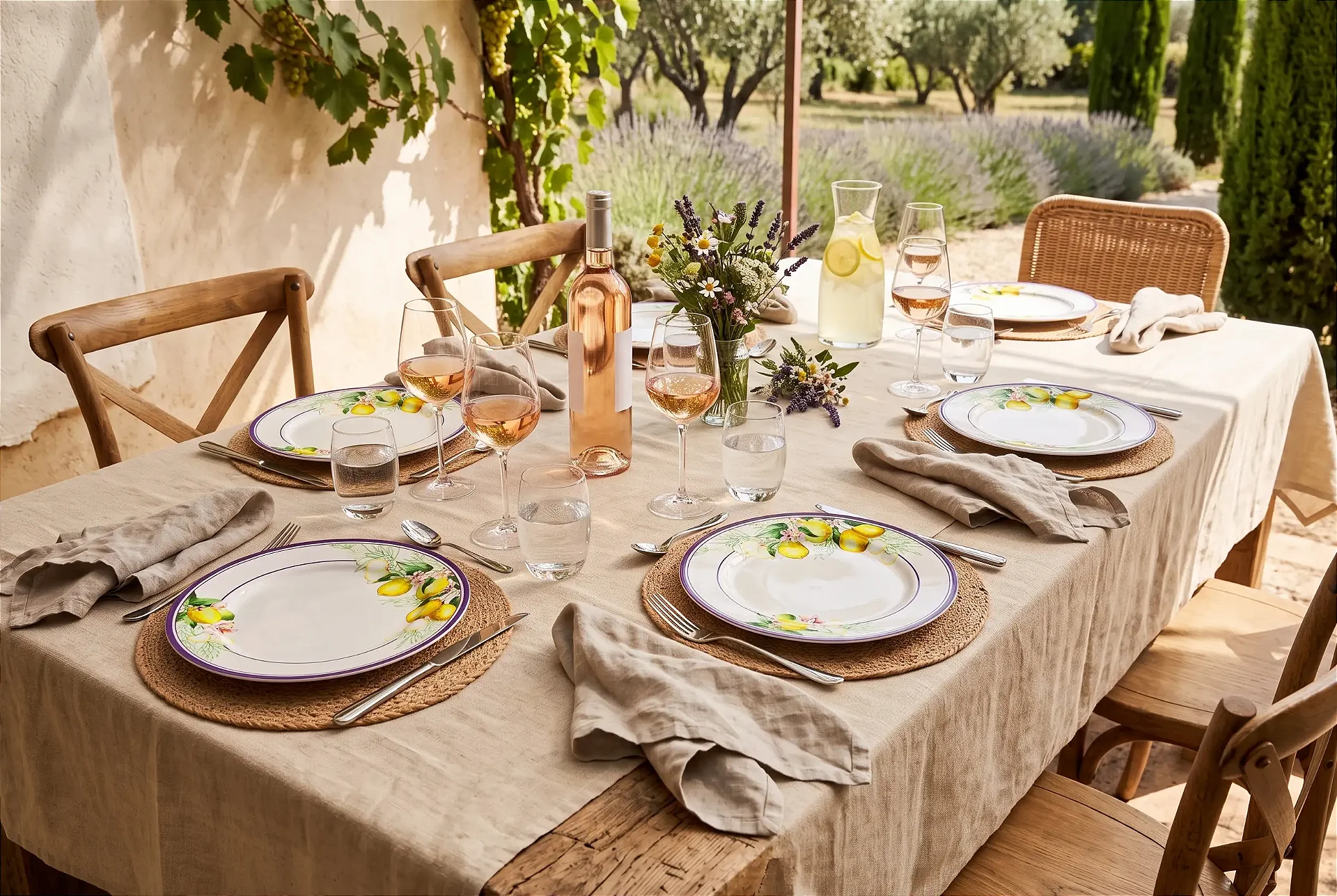 Mesa posta em terraço na Provença com pratos estampados de limão siciliano e taças de vinho rosé entre oliveiras e lavanda