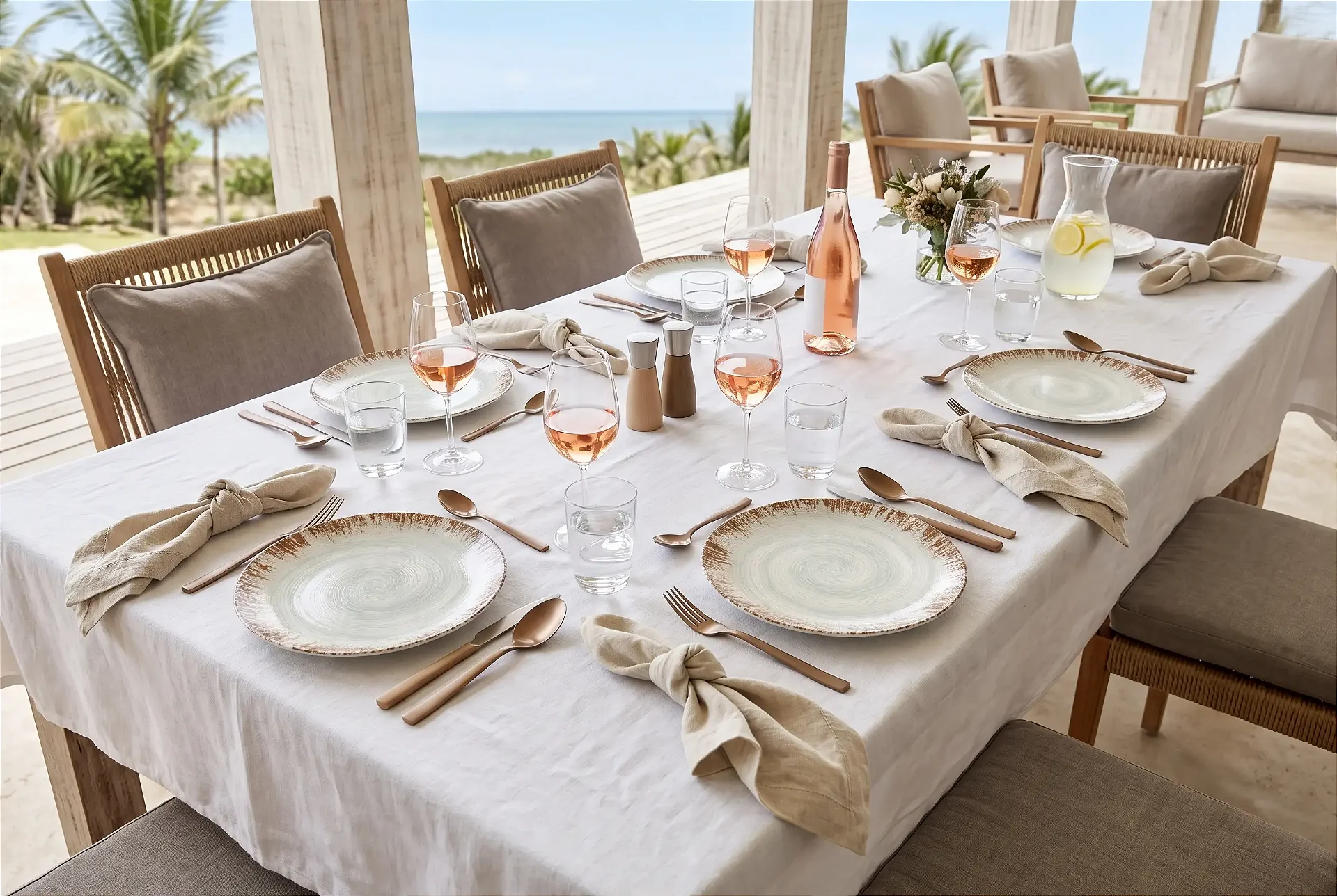 Mesa posta à beira-mar com pratos de borda dourada, taças de vinho rosé e jarra de limonada