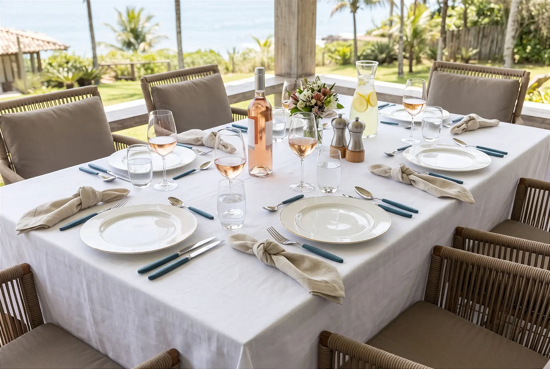 Mesa posta à beira da piscina com pratos de borda dourada, talheres de cabo azul e jarra de limonada