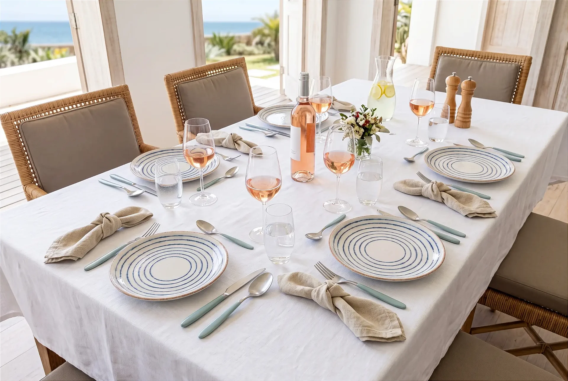 Mesa posta à beira-mar com pratos rasos de listras azuis e brancas, taças de vinho rosé e talheres de cabo azul-esverdeado