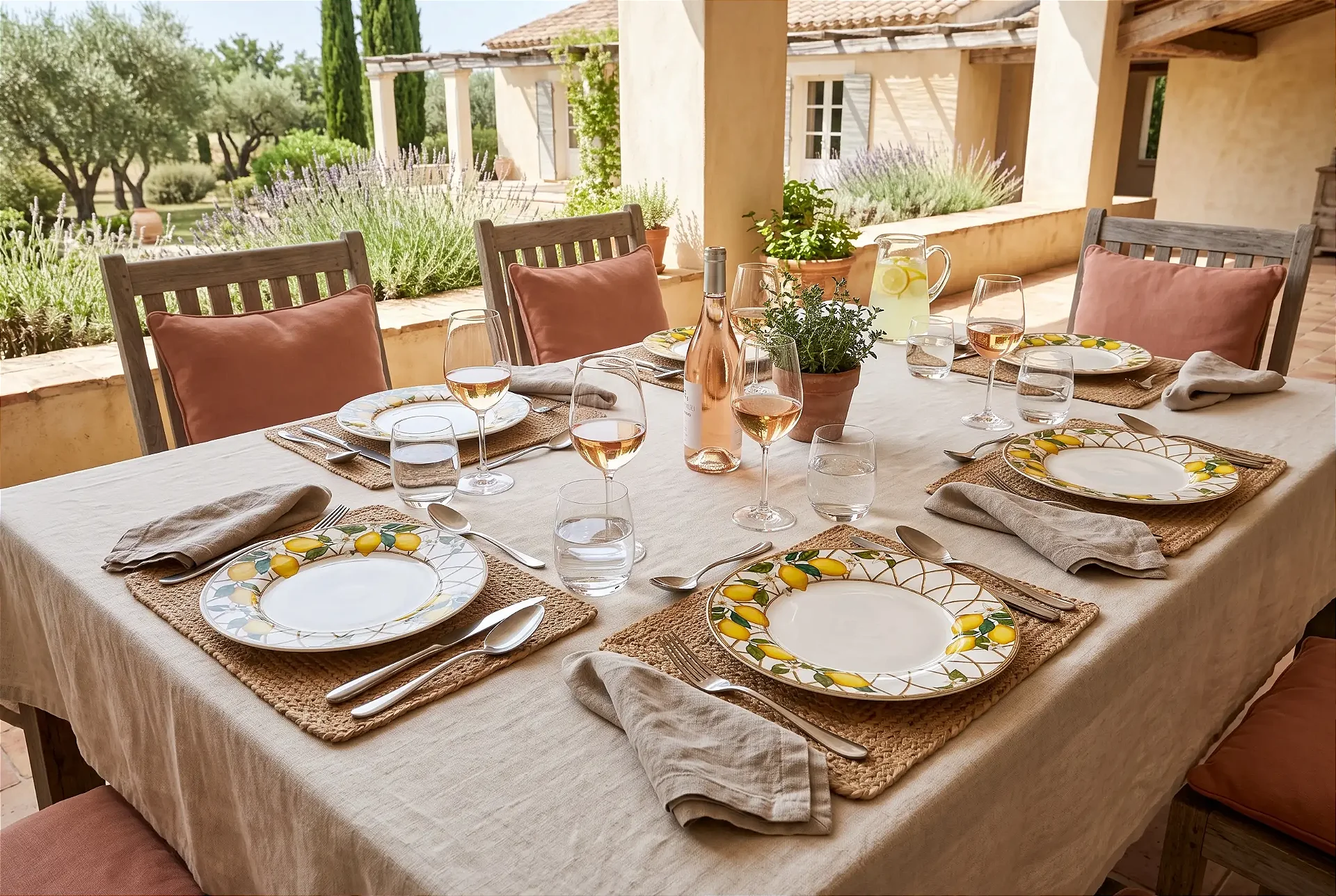 Mesa posta em terraço na Provença com pratos estampados de limão siciliano, taças de vinho rosé e pitcher de limonada, cercada por lavanda