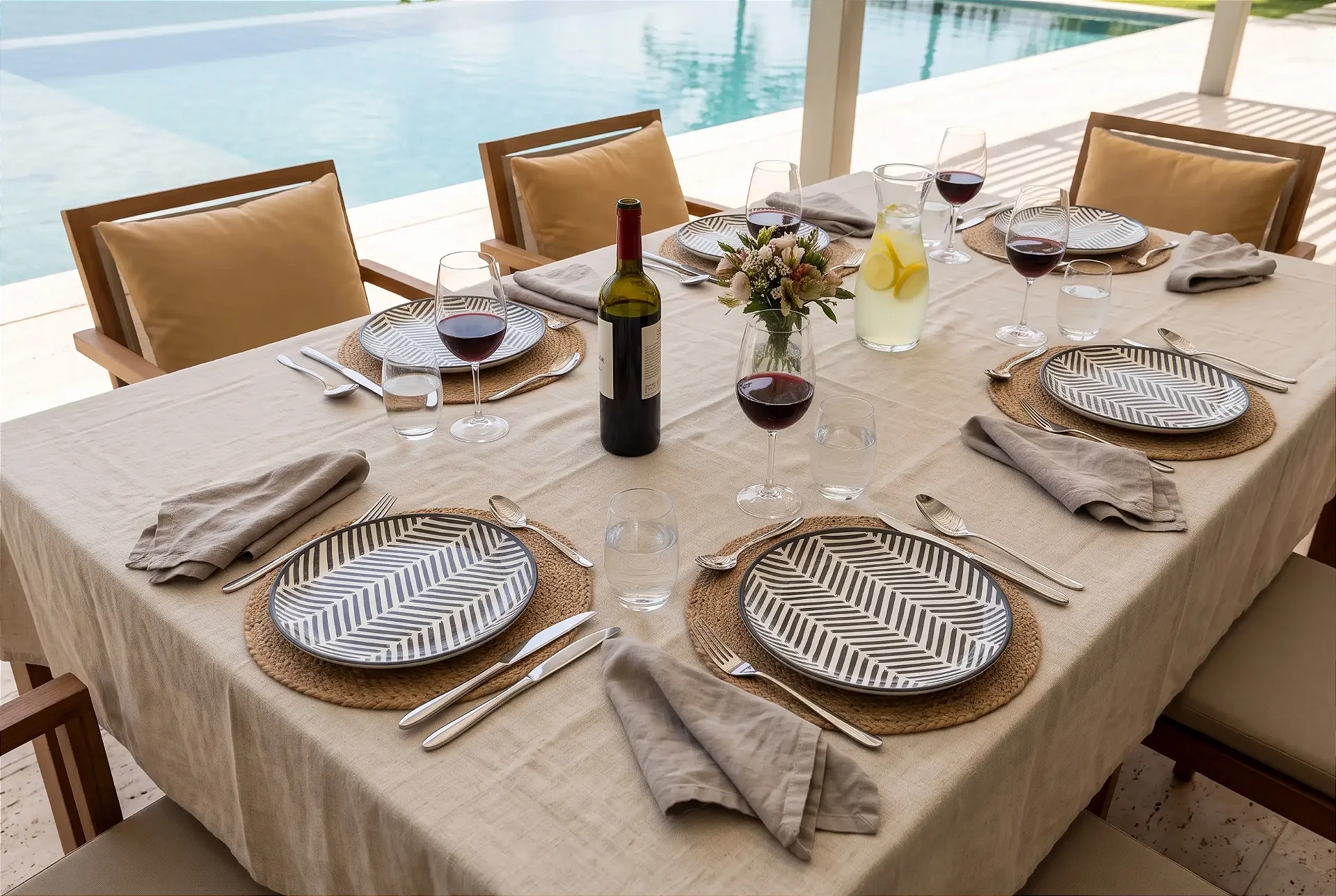 Mesa posta à beira da piscina com pratos de estampa geométrica preto e branco, taças de vinho tinto e jarra de limonada