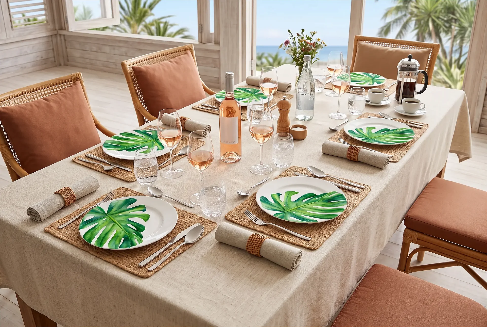 Mesa posta em terraço à beira-mar com pratos estampados de folhagem tropical e taças de vinho rosé