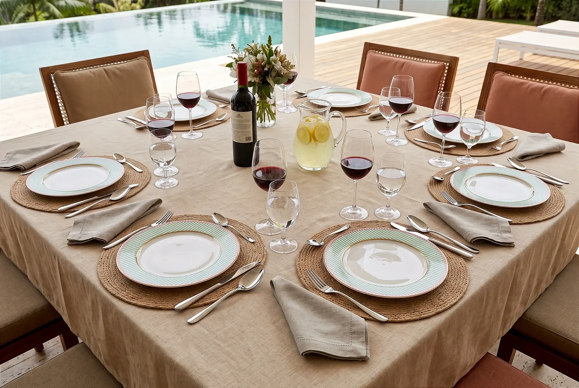 Mesa posta à beira da piscina com pratos de borda verde, taças de vinho tinto e jarra de limonada