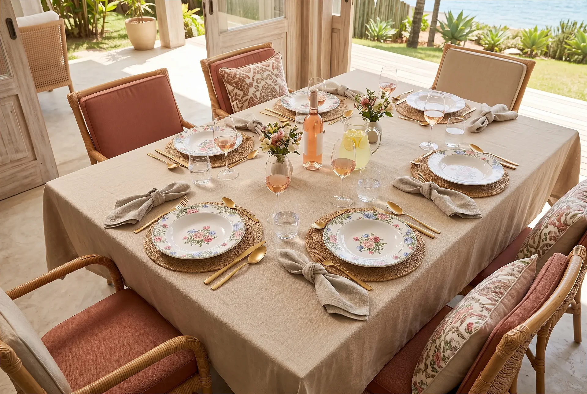 Mesa posta em terraço na Provença com pratos estampados de limão siciliano, taças de vinho rosé e pitcher de limonada, cercada por lavanda
