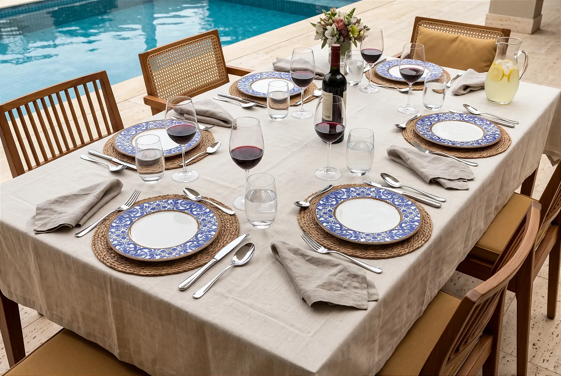 Mesa posta à beira da piscina com pratos de porcelana estampados em azul e branco, taças de vinho tinto e jarra de limonada