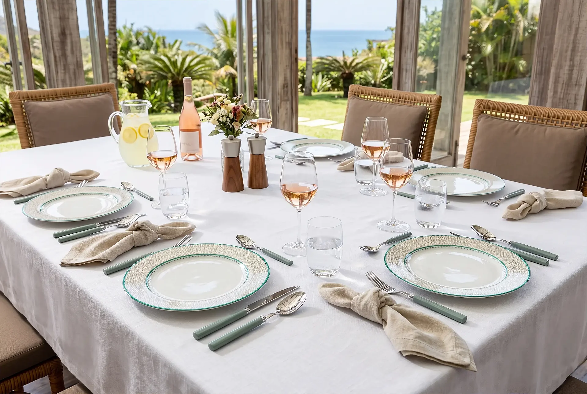 Mesa posta com pratos de borda esverdeada, talheres com cabo colorido e moedores de sal e pimenta em madeira