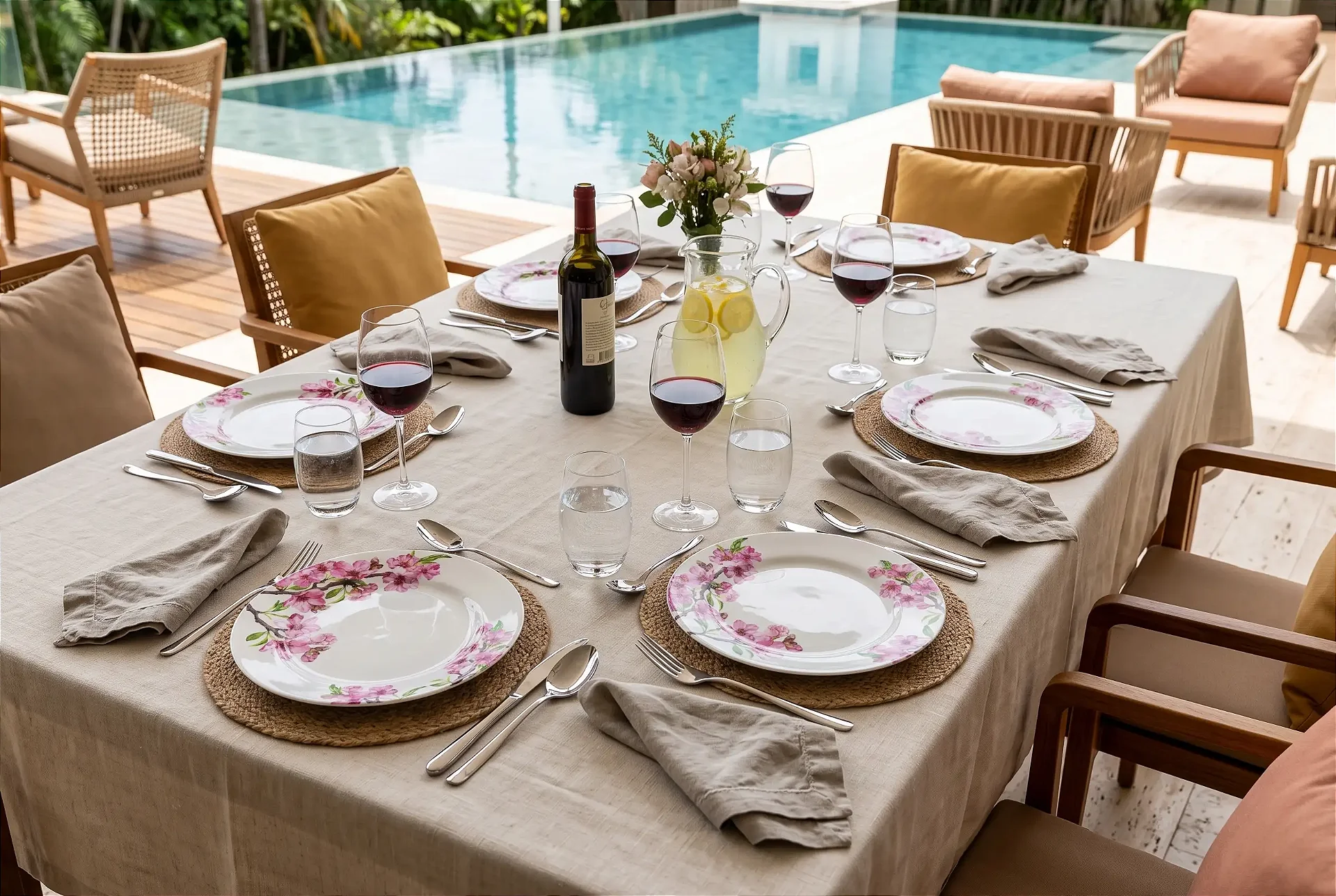 Mesa posta à beira da piscina com pratos estampados com flores rosa, taças de vinho tinto e jarra de limonada