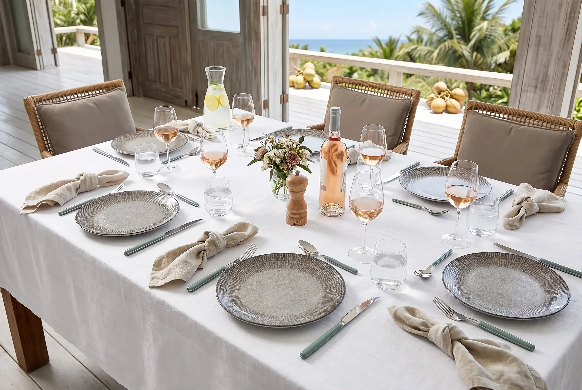 Mesa posta em varanda com vista para o mar, pratos de tom escuro, taças de vinho rosé e moedor de pimenta em madeira