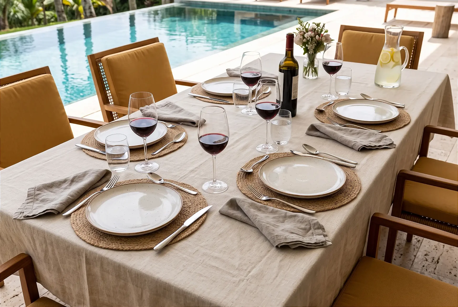 Mesa posta à beira da piscina com pratos bege claro, taças de vinho tinto e jarra de água com limão