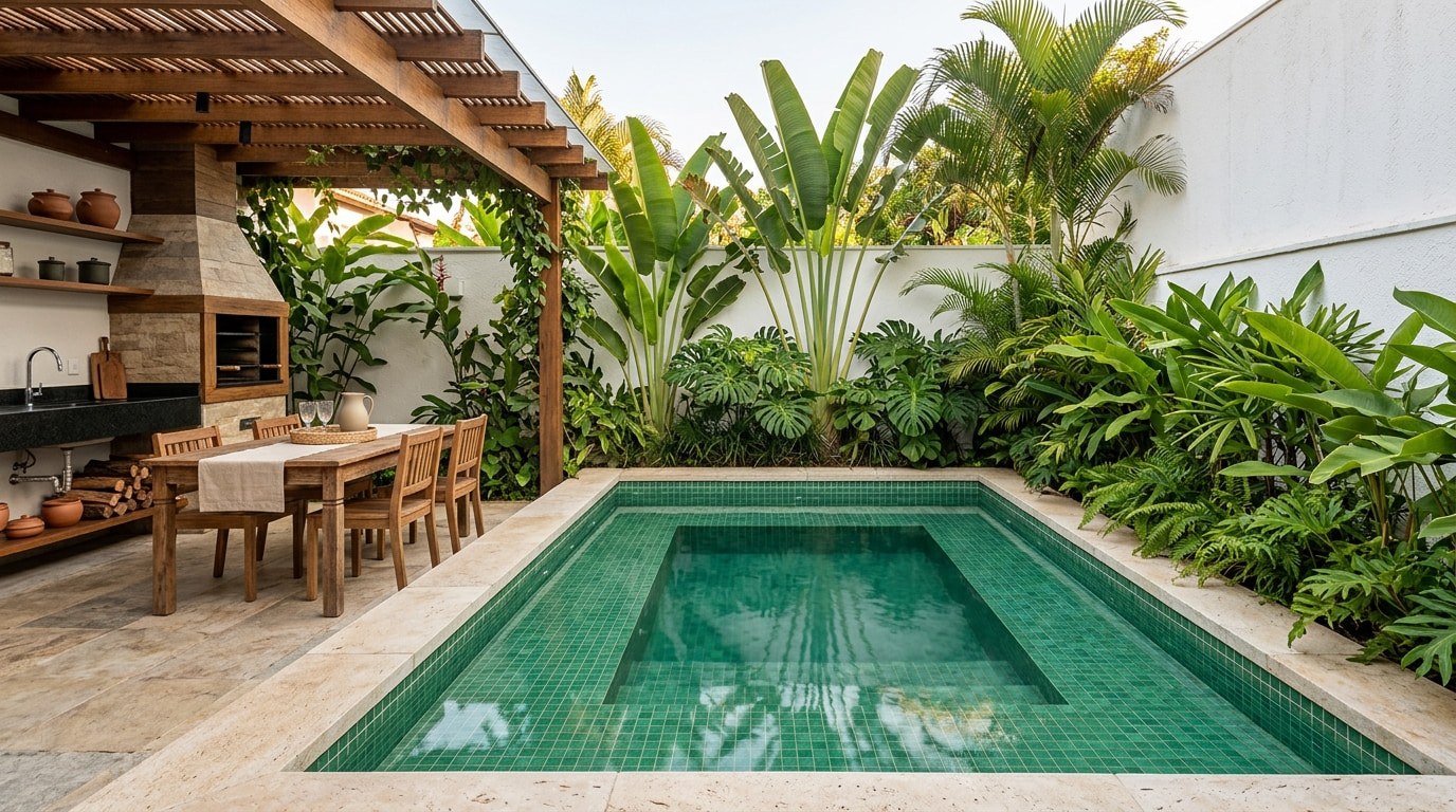 Plunge pool retangular com revestimento em pastilha verde e borda de pedra clara, ao lado de uma área gourmet com churrasqueira em um quintal brasileiro