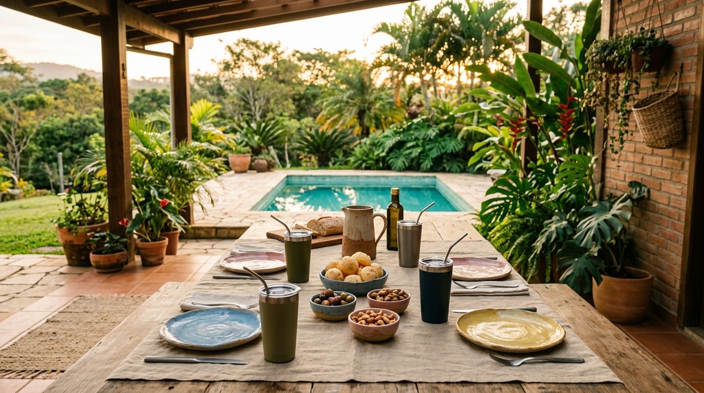 Mesa posta ao ar livre com pratos de cerâmica, tigelas com petiscos e canecas térmicas, a poucos metros de uma plunge pool