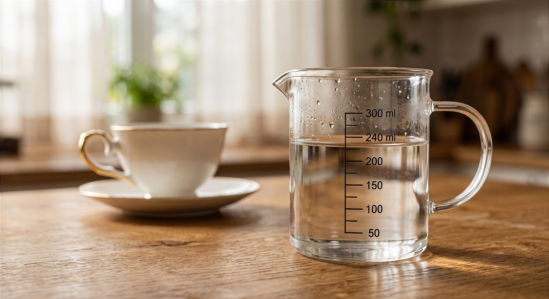 Jarra medidora de vidro com água na marca de 240 ml ao lado de uma xícara de chá em porcelana