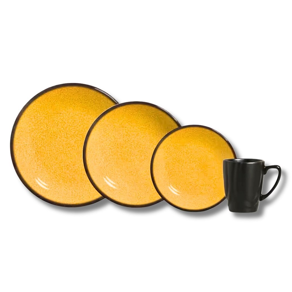 Aparelho de jantar Argélia, cerâmica amarela lisa, sem decoração metálica