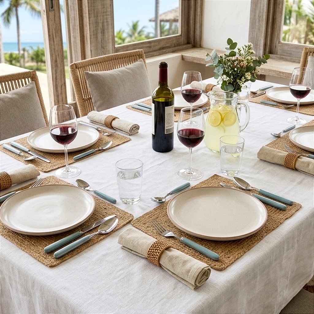 Mesa posta completa com toalha de linho branca, sousplats de fibra natural e pratos em tom terroso