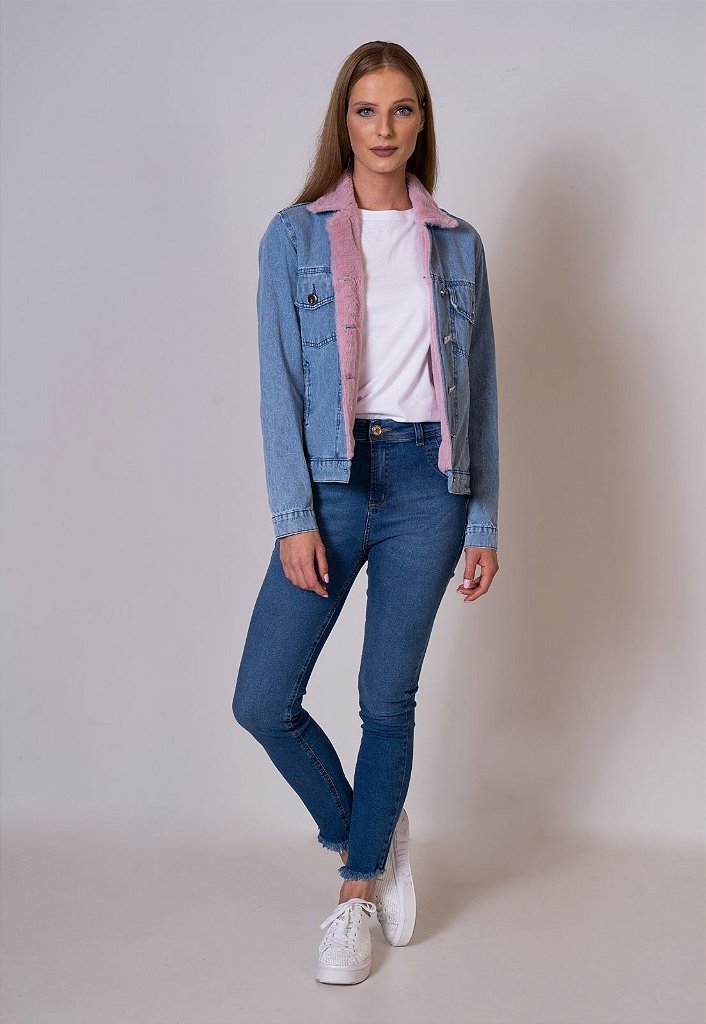Jaqueta jeans Aero Jeans forrada com pelo rosa - Aero Jeans