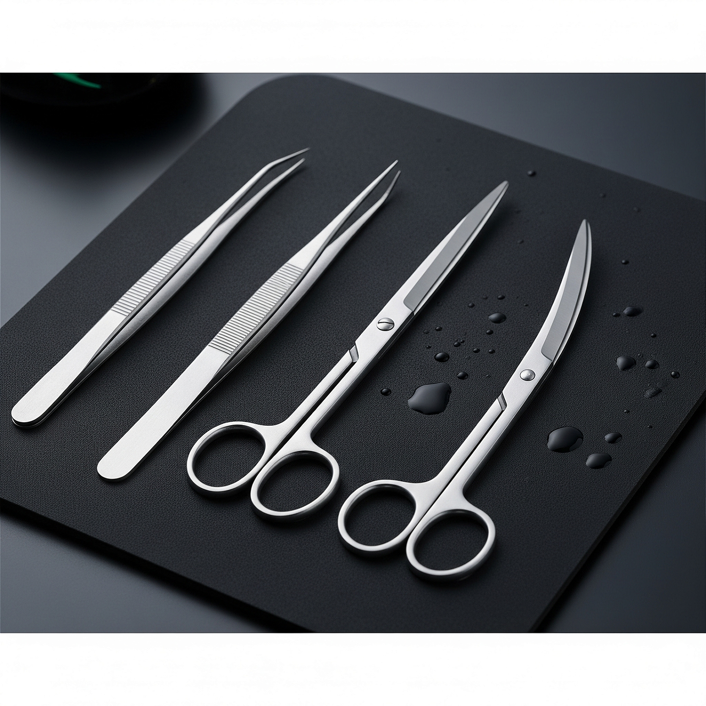Kit de ferramentas para aquapaisagismo, incluindo pinças e tesouras.