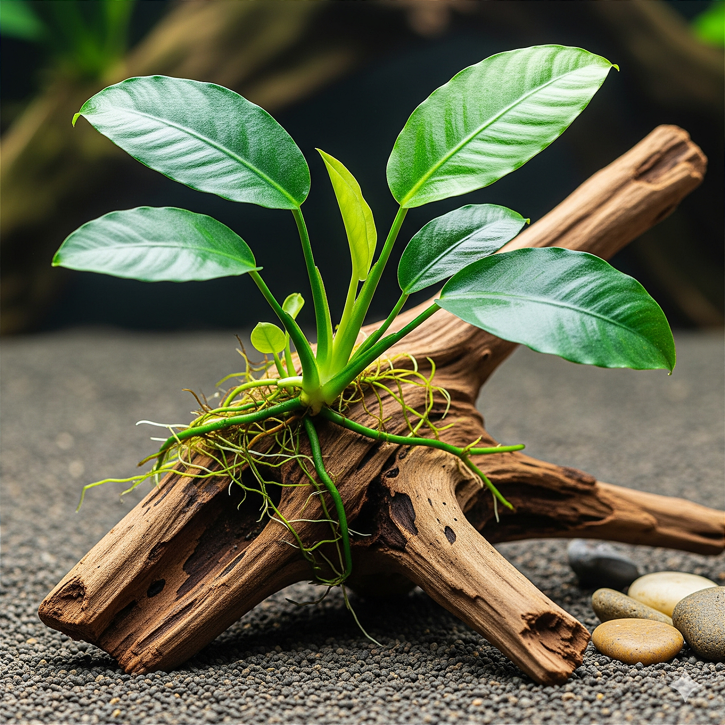 Planta do tipo Anubia amarrada a um tronco de aquário.