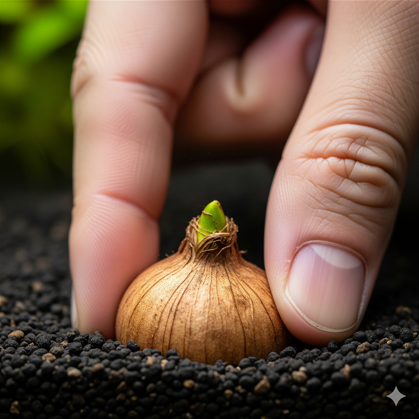Bulbo de uma planta Nymphaea sendo plantado no aquário.