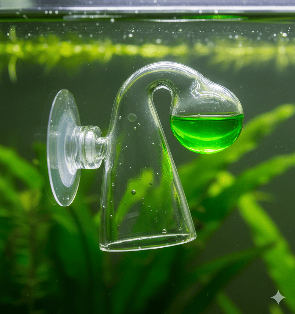 Aquarista verificando um drop checker de CO2 em um aquário.