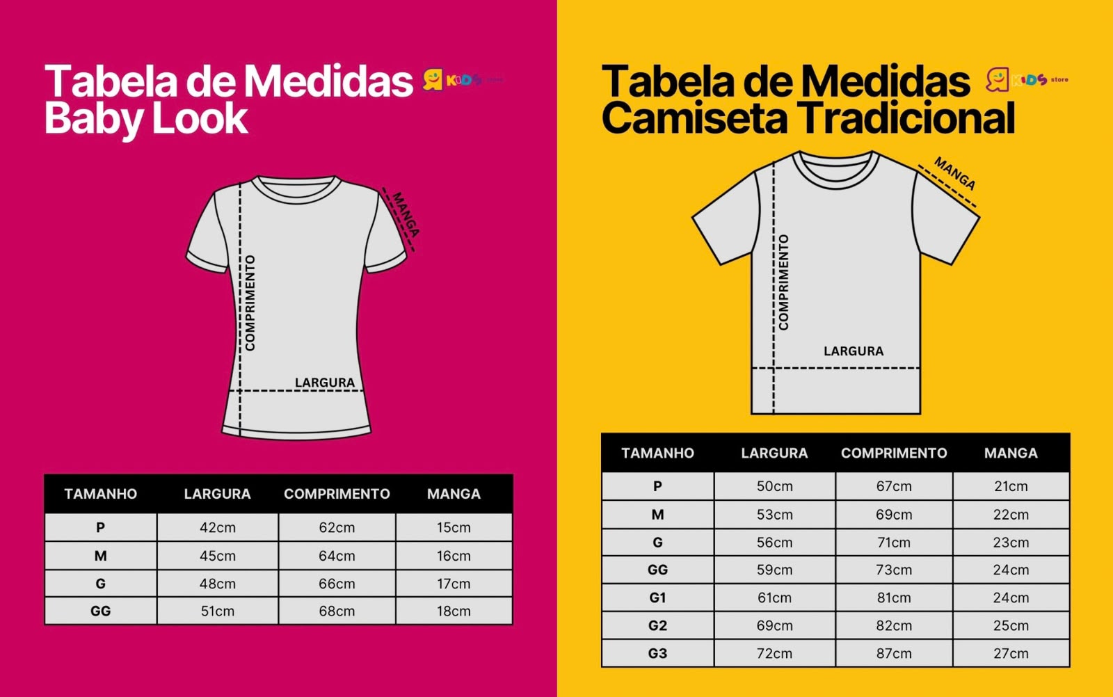 Tabela de Medidas Camiseta Tradicional e Baby Look Radicais Kids