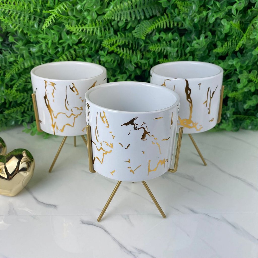 Kit 3 Vaso Cachepô de Ceramica com Suporte Dourado Decorativo Branco - M1  Atacado
