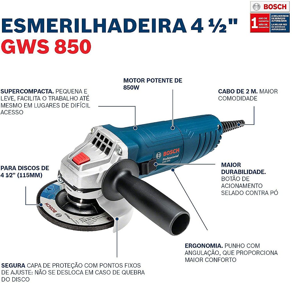 ESMERILHADEIRA BOSCH GWS850 110V - Guaxucabos