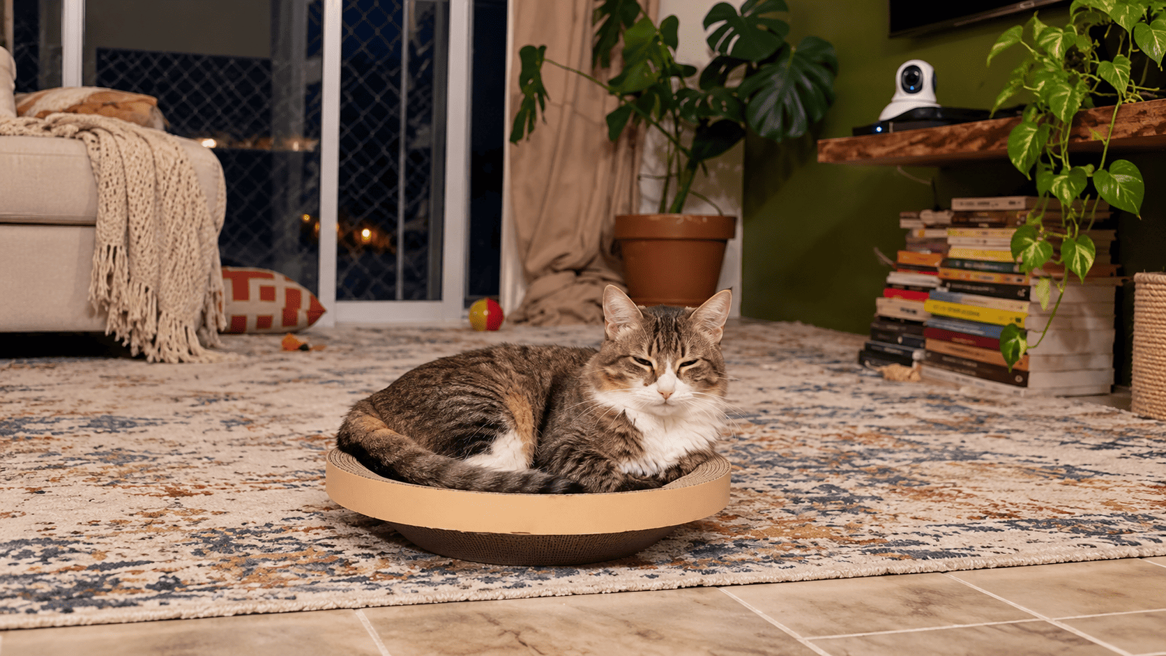 Gato descansando em arranhador de papelão dentro de um apartamento, ilustrando a adaptação dos felinos à vida em ambientes internos.