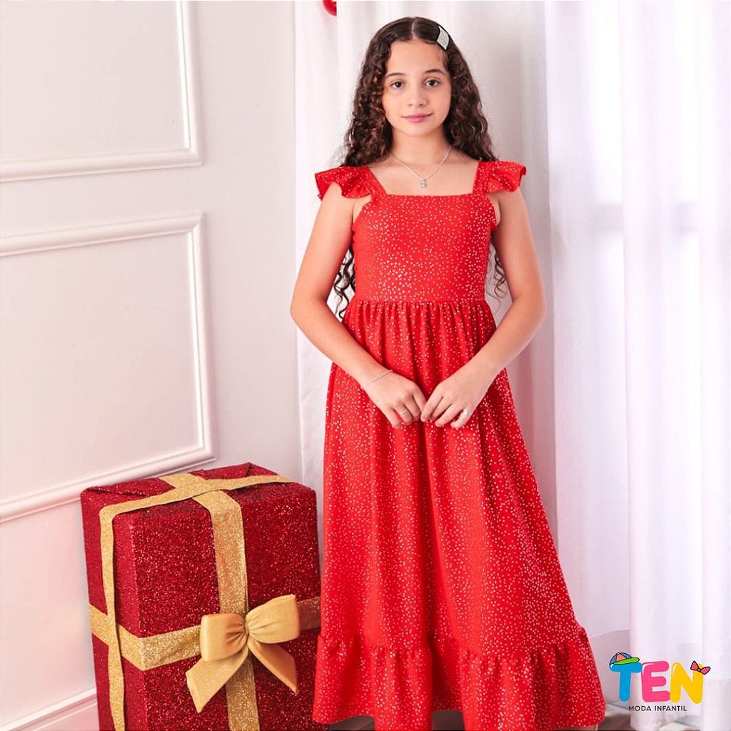 Vestido juvenil longo vermelho estrela VESTINDO CRIAN A COMO CRIAN A