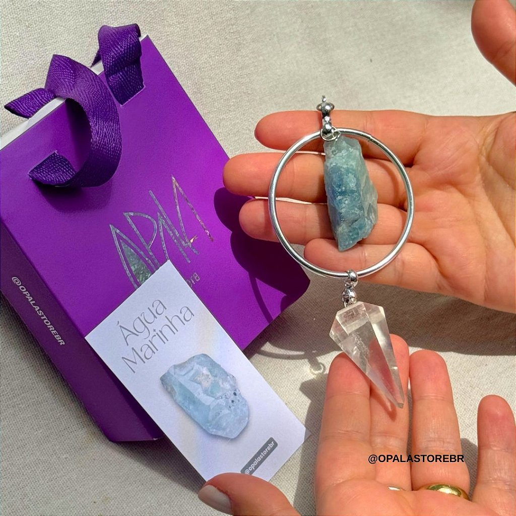 Pendente Água Marinha Cristal de 2026 Opala Store, Água-Marinha natural e Quartzo Translúcido, alumínio prateado, tamanho P