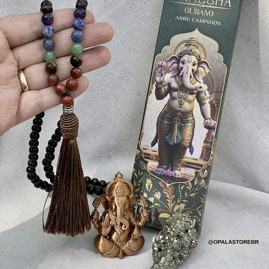 Kit Ganesha Opala Store com japamala, pirita e incenso, tom cobre, para meditação e prosperidade