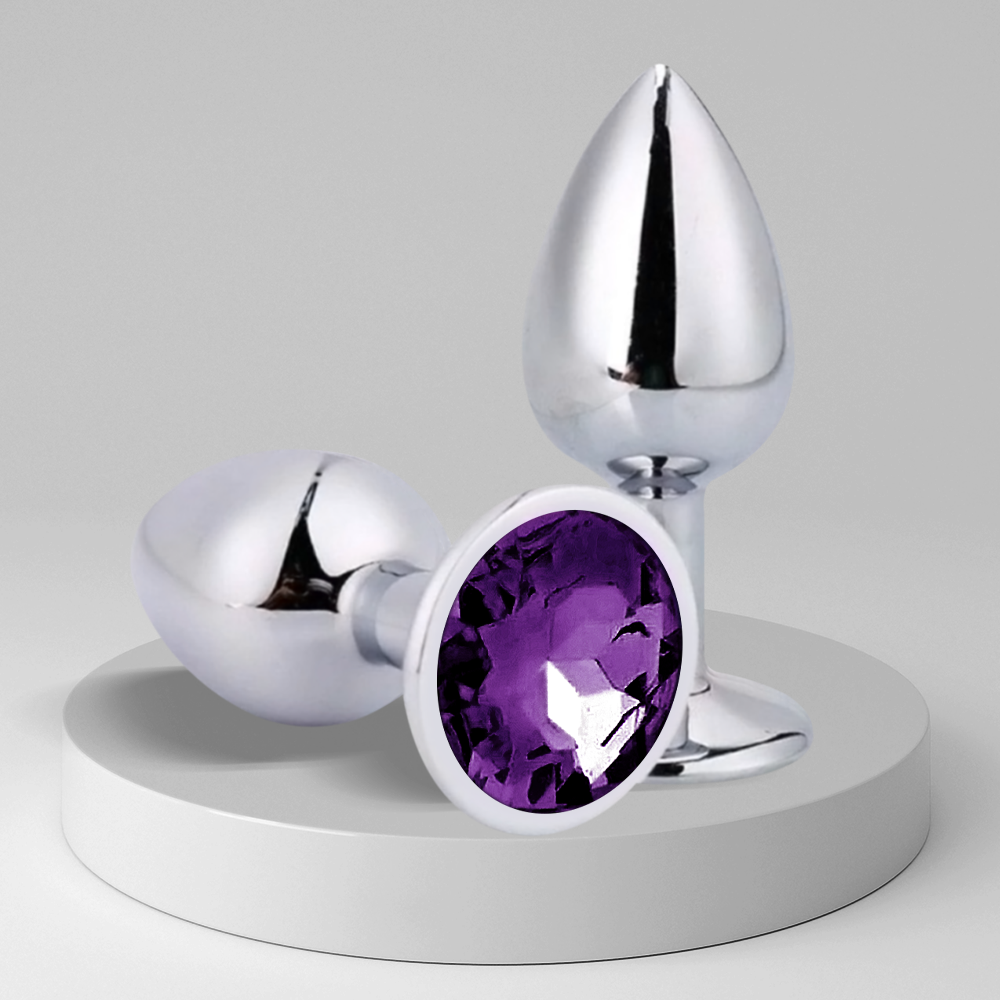 PLUG ANAL EM AO INOXIDVEL TAMANHO M PEDRA ROXO - CAMA REDONDA LOVE SHOP