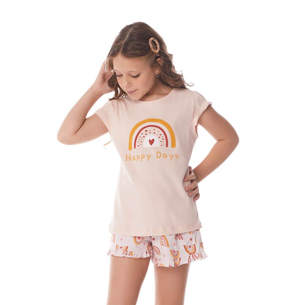 Short Doll Aberto Manga Curta Infantil 100% Algodão Gola U Anna Kock  Estampa Arco-Íris Cor Rosa - Algodão do Sonho